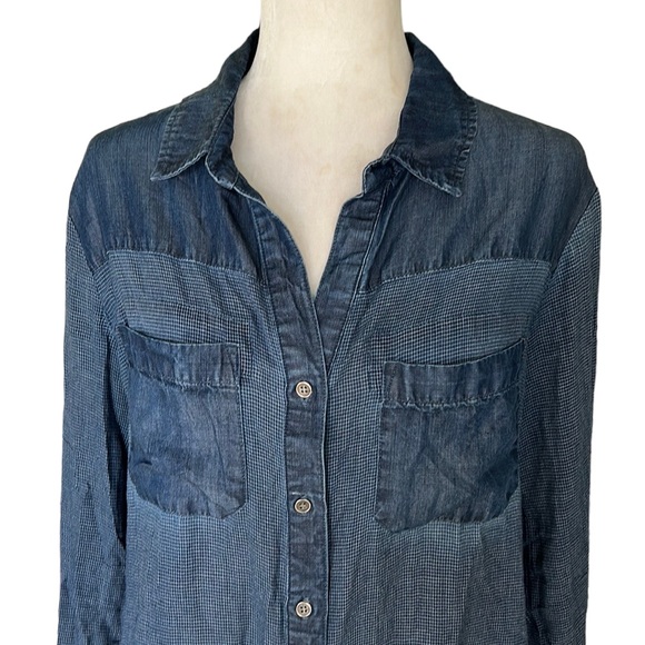 Anthro Cloth & Stone Chambray Check Denim Jean Oversized Button Down Shirt - M - Picture 2 of 11